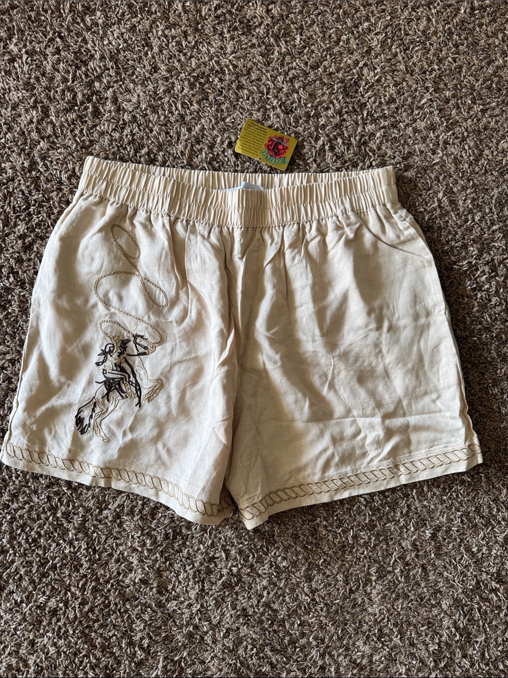 Cream Athletic Linen-Blend Women's Shorts with Embroidered Lasso Detail